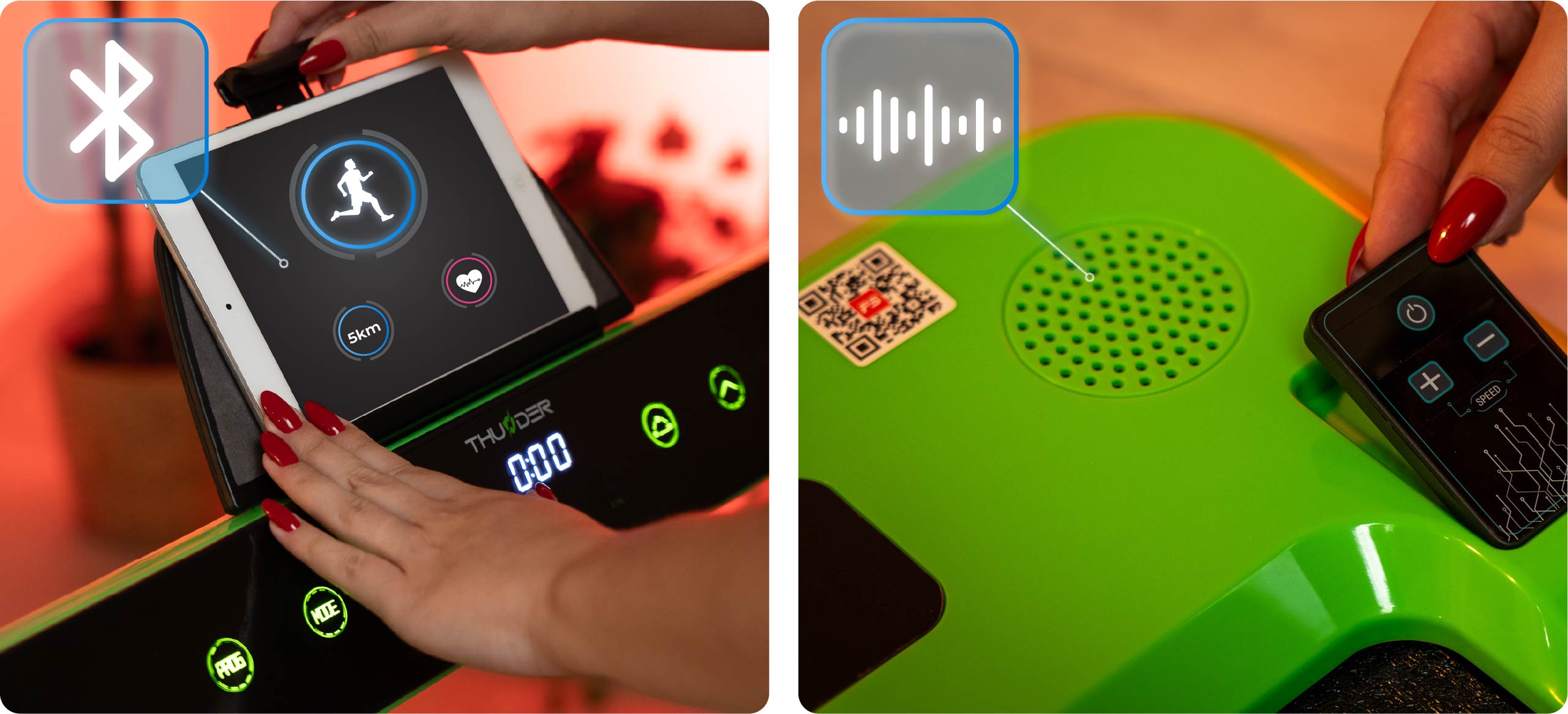 Ovládací panel bežeckého pásu Thunder RACE s viditeľným tabletom a aplikáciou FitShow